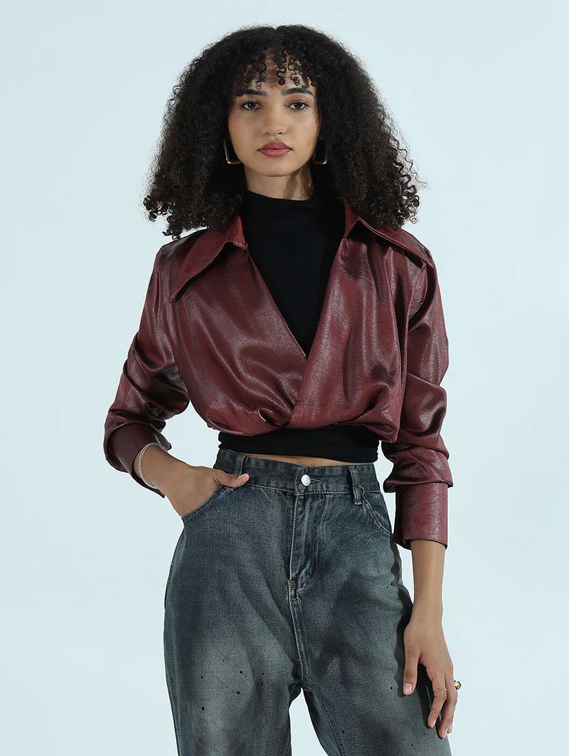 women maroon solid fux leather crop shirt top - 21941930 -  Standard Image - 1