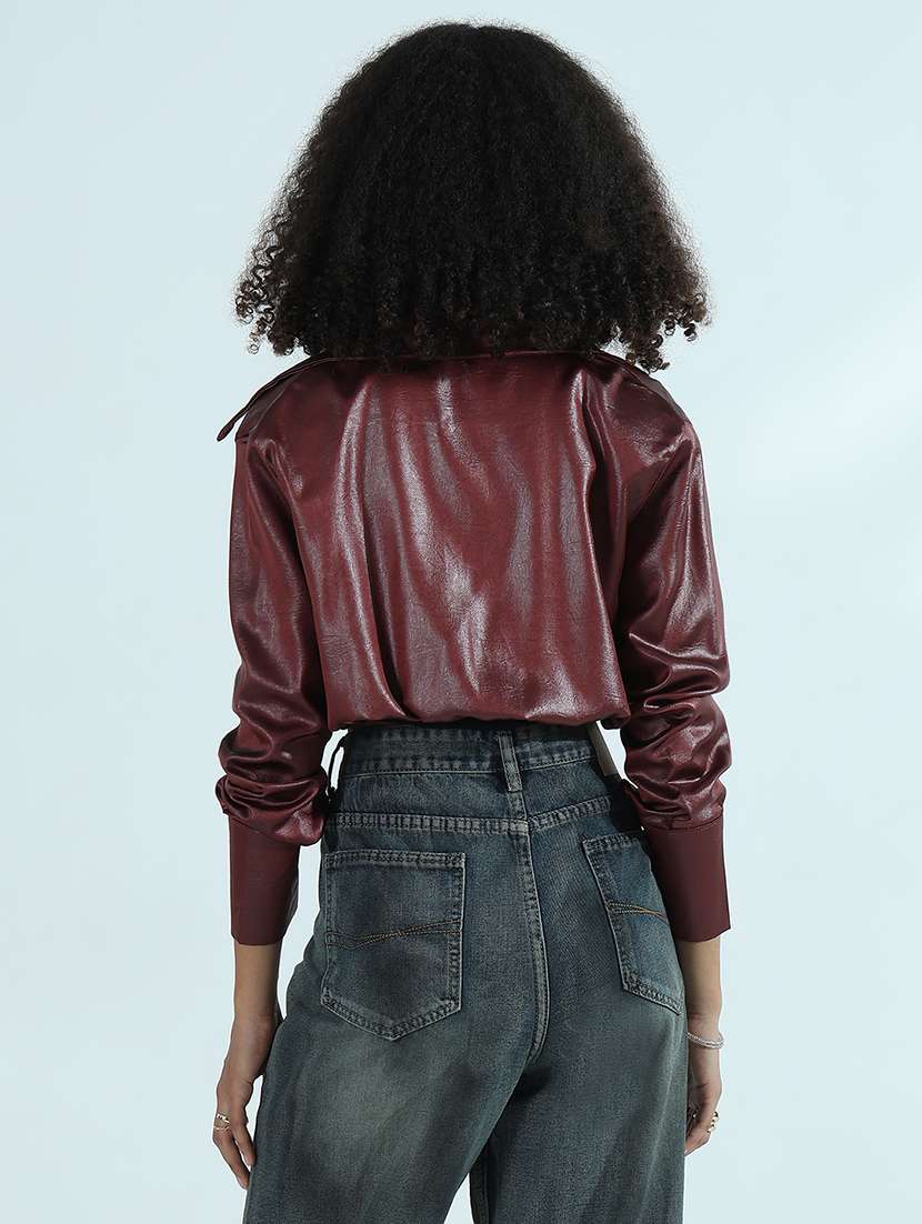 women maroon solid fux leather crop shirt top - 21941930 -  Standard Image - 4