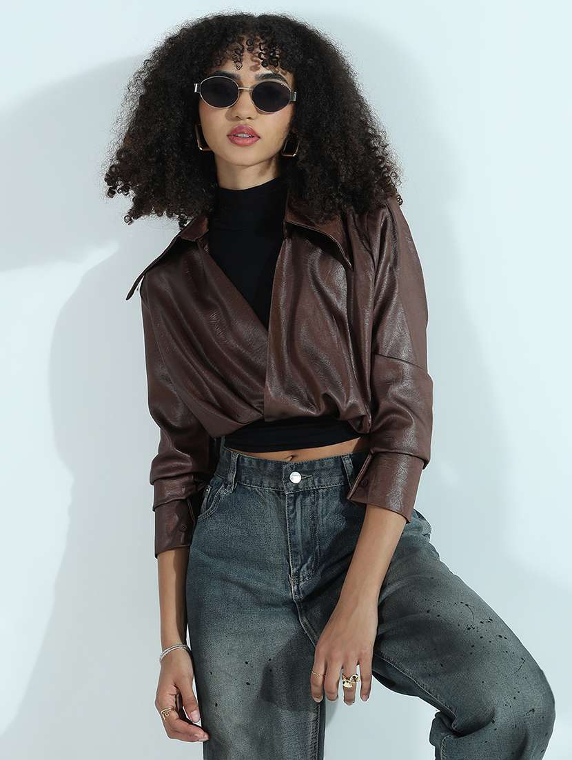 women brown solid faux leather crop shirt top