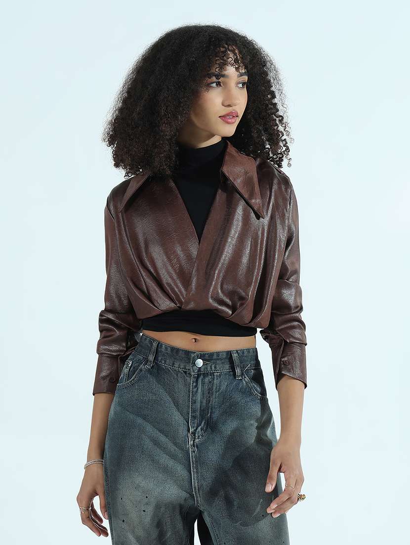women brown solid faux leather crop shirt top - 21941931 -  Standard Image - 1