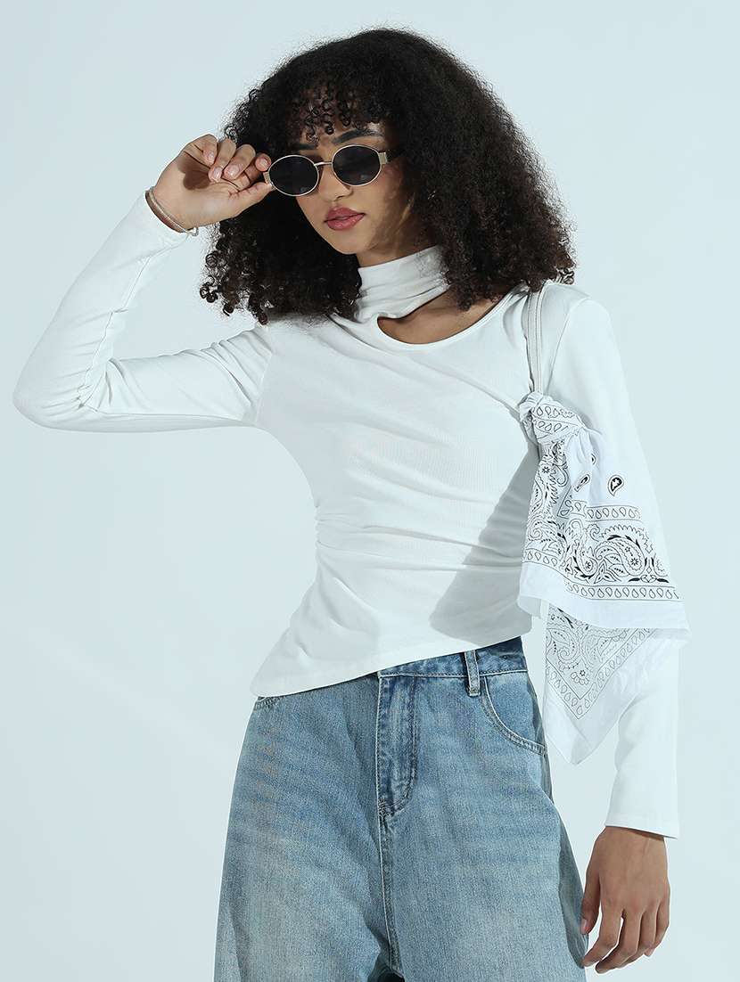women solid long sleeve cut out asymmetric top - 21941933 - Zoom Image - 0