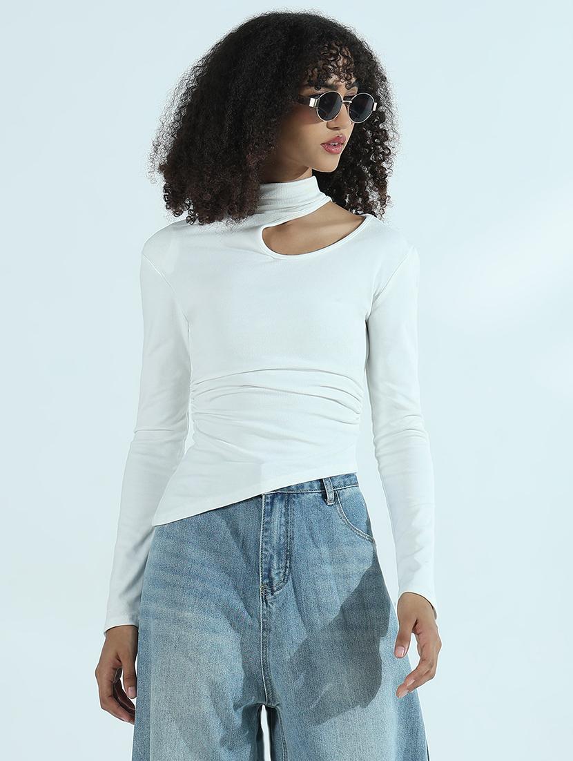 women solid long sleeve cut out asymmetric top - 21941933 -  Standard Image - 1