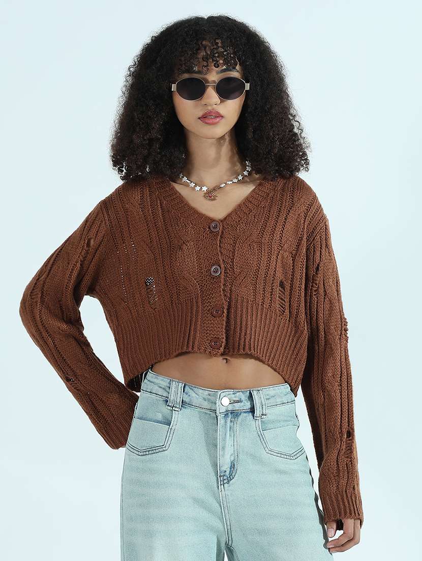women brown solid long sleeve crop cardigan - 21941935 -  Standard Image - 1