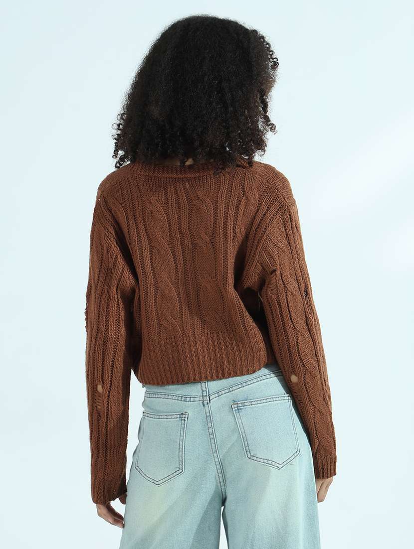 women brown solid long sleeve crop cardigan - 21941935 - Standard Image - 4