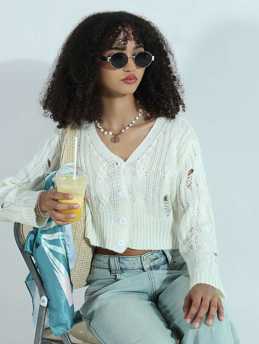 women white solid long sleeve crop cardigan