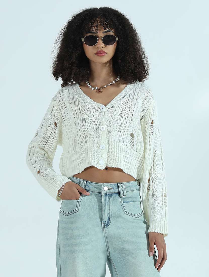 women white solid long sleeve crop cardigan - 21941936 - Standard Image - 1