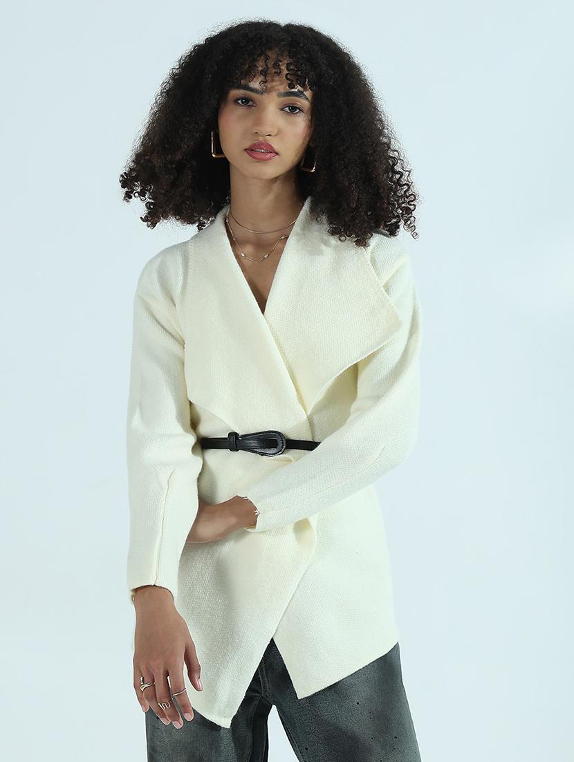 women cream solid long sleeve wrap cardigan - 21941937 - Standard Image - 1