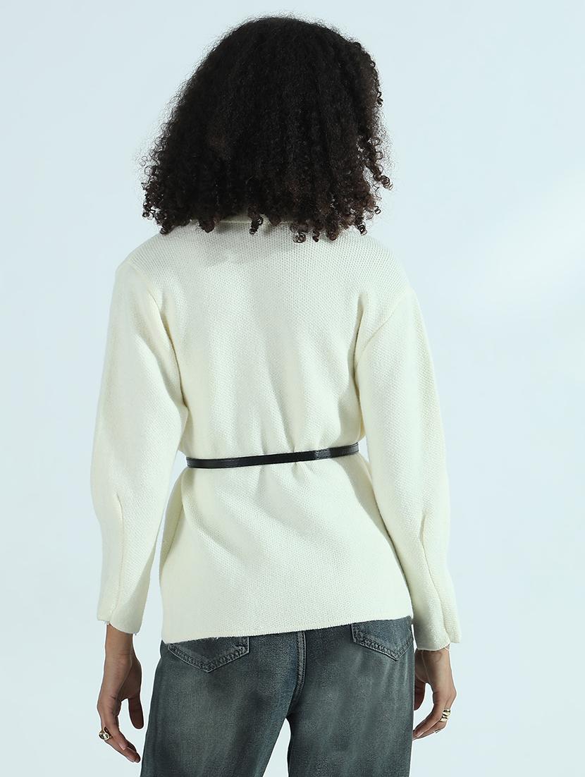 women cream solid long sleeve wrap cardigan - 21941937 - Standard Image - 4