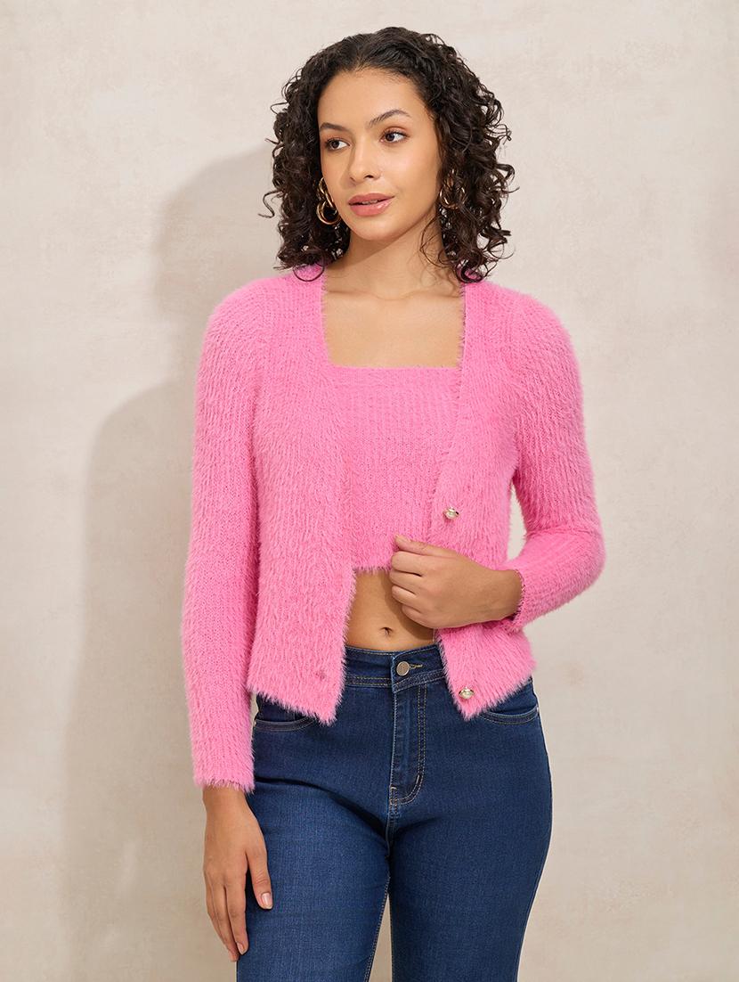 women solid long sleeve cardigan with tank top - 21941941 - Standard Image - 1