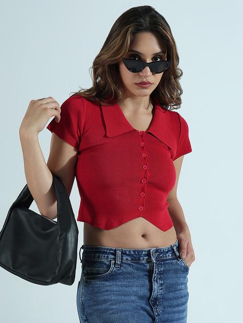 women solid collared short sleeves crop top - 21941948 -  Standard Image - 0