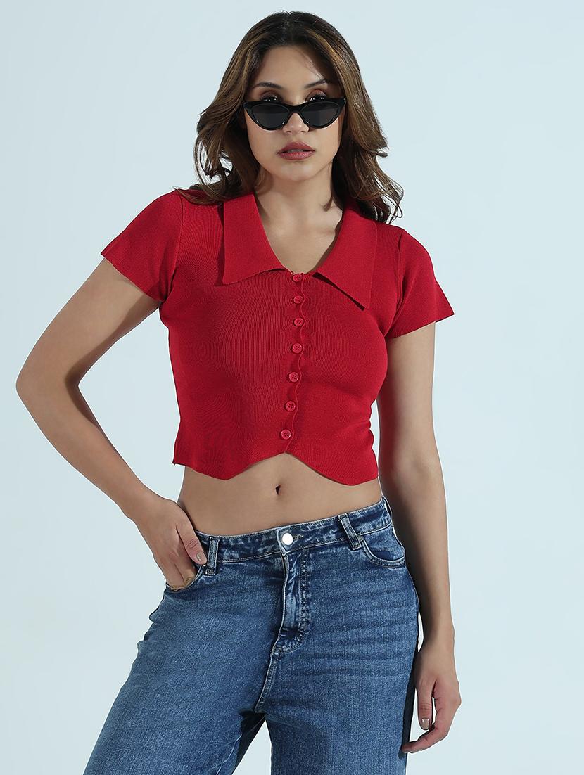 women solid collared short sleeves crop top - 21941948 -  Standard Image - 1