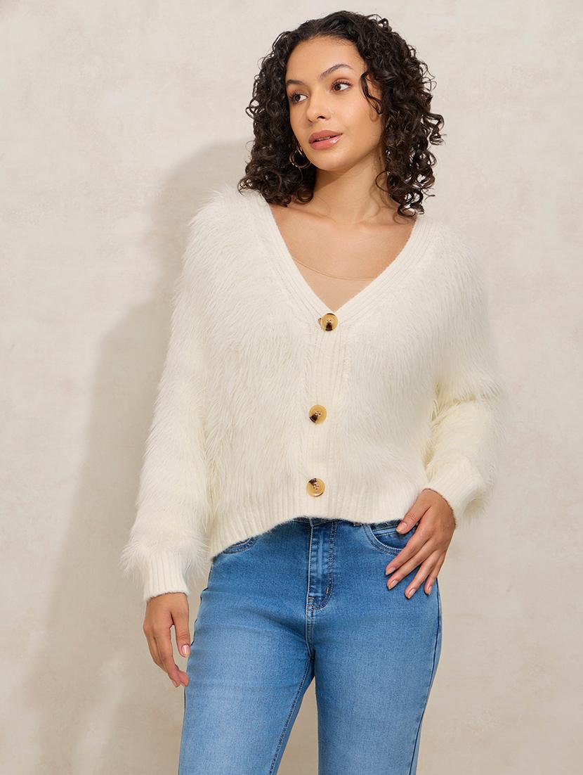 women cream solid long sleeve cardigan - 21941949 -  Standard Image - 1