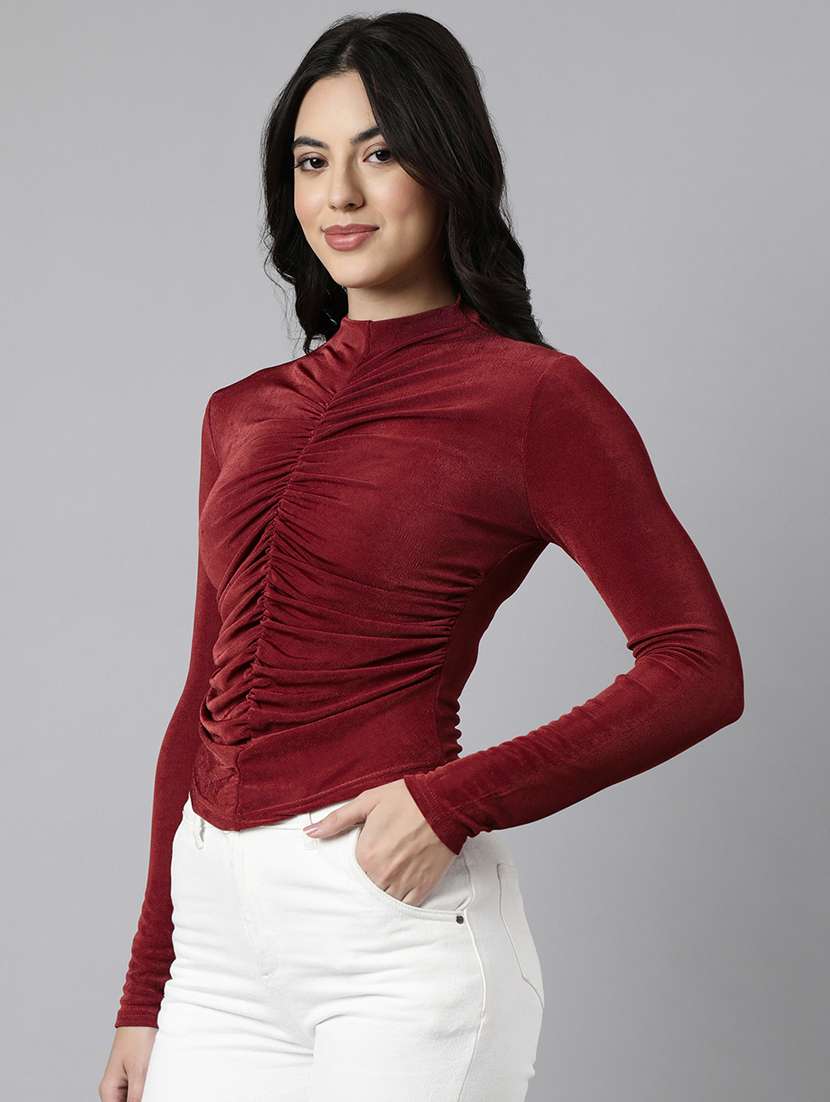 maroon ruched velvet full sleeves fitted top - 21941954 -  Standard Image - 1