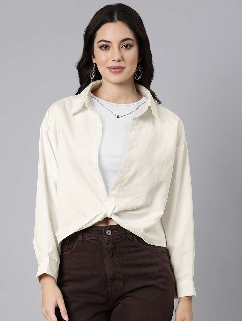 women solid collared shirt style top with tank top