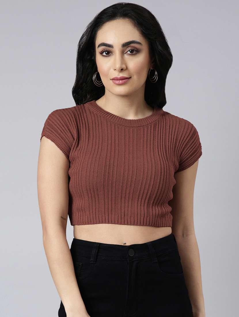 women solid short sleeve crop top