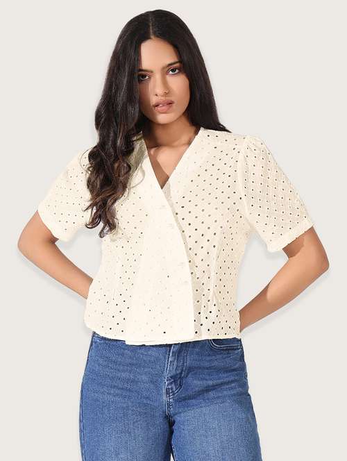 women cream solid short sleeve wrap top - 21941959 - Standard Image - 0