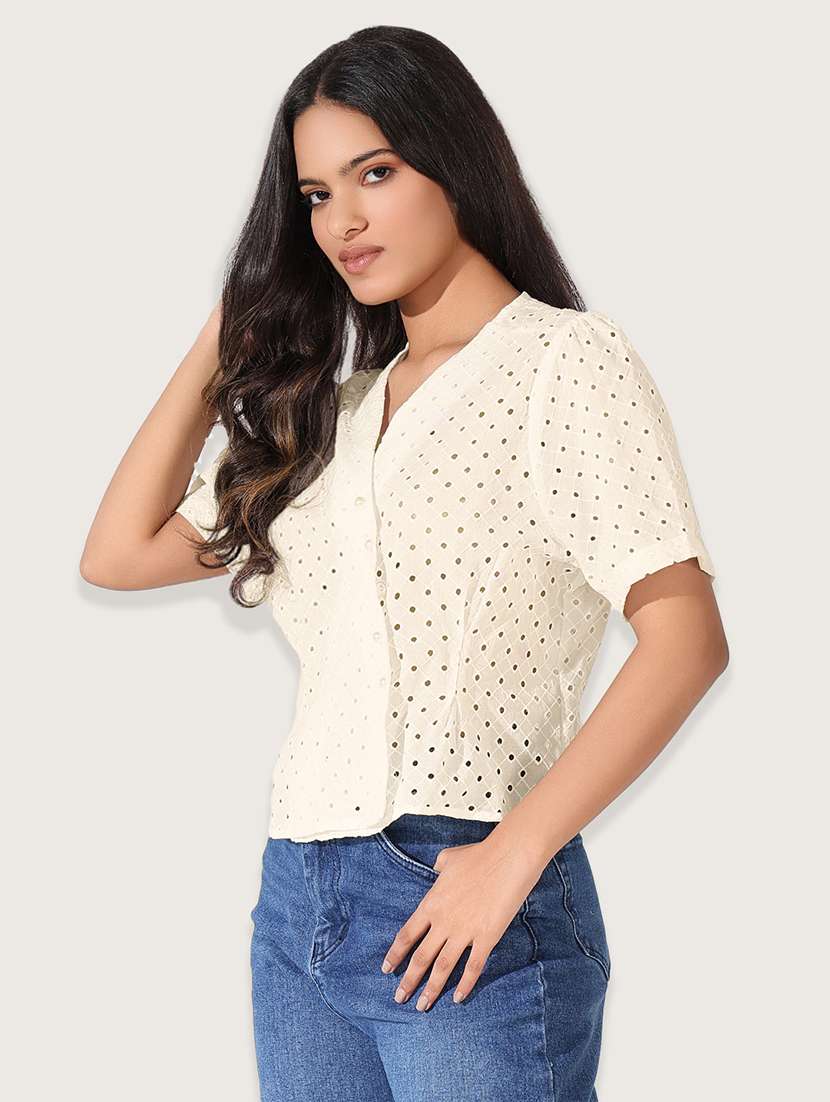 women cream solid short sleeve wrap top - 21941959 - Standard Image - 1