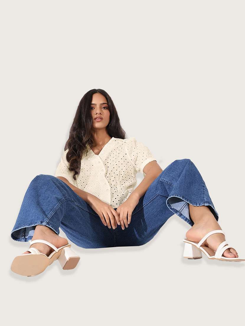 women cream solid short sleeve wrap top - 21941959 - Standard Image - 4