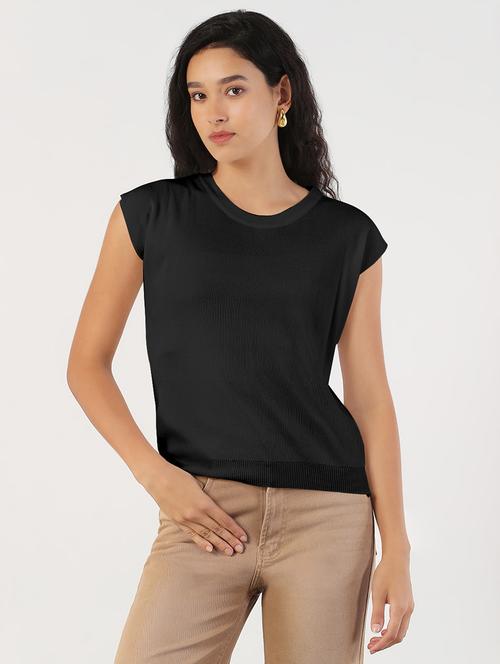 women black solid cap sleeves regular top - 21941960 - Standard Image - 0
