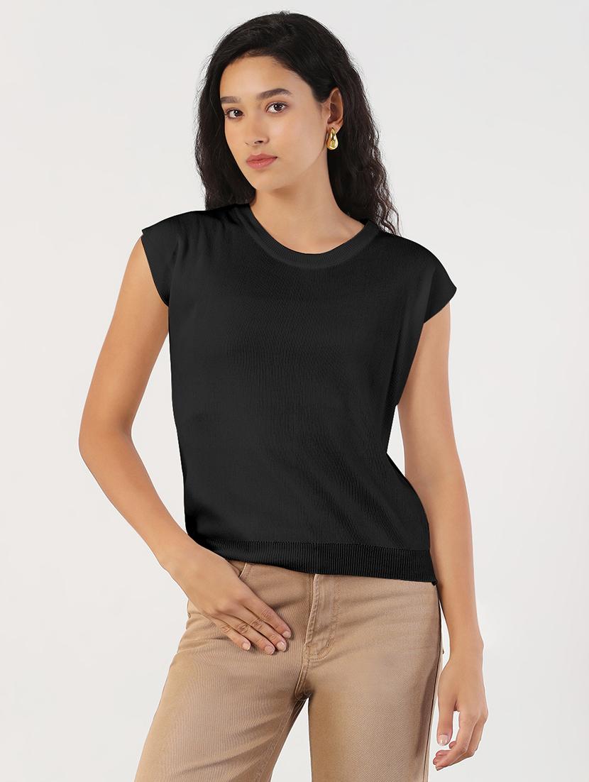 women black solid cap sleeves regular top - 21941960 - Zoom Image - 0