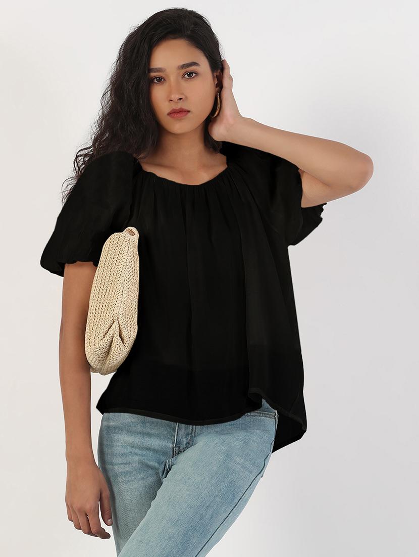 women black solid puff sleeve regular top - 21941961 - Zoom Image - 0