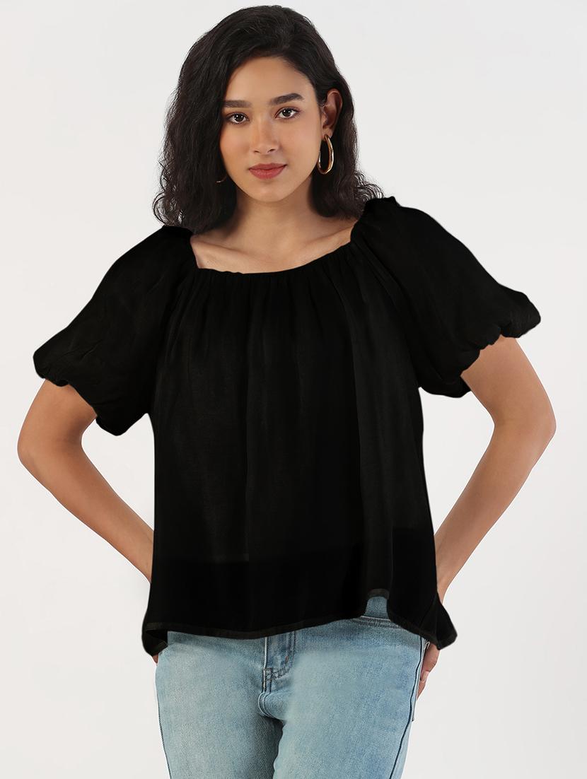 women black solid puff sleeve regular top - 21941961 - Standard Image - 1