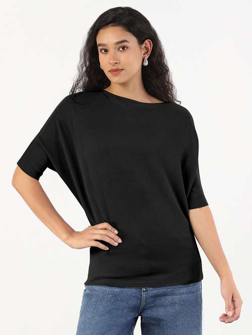 women balck solid batwing sleeve regular top - 21941962 -  Standard Image - 0