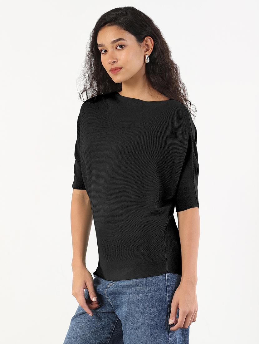 women balck solid batwing sleeve regular top - 21941962 - Standard Image - 1