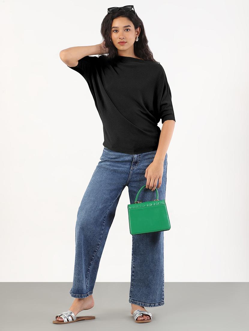 women balck solid batwing sleeve regular top - 21941962 - Standard Image - 4