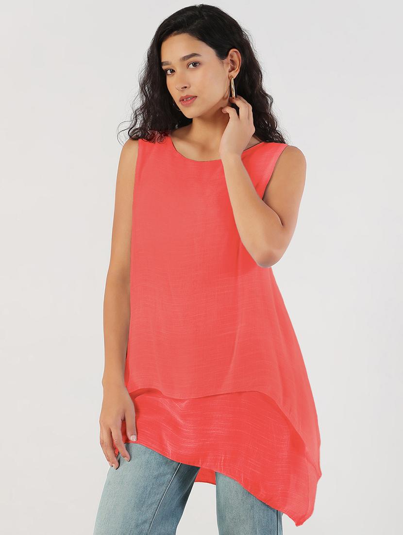 women peach solid sleeveless asymmetric top - 21941963 - Standard Image - 1