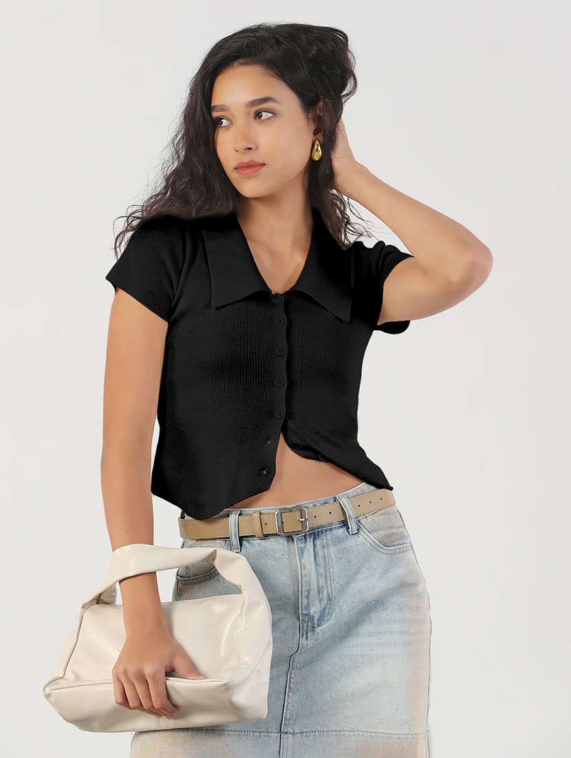 women black solid collared crop top