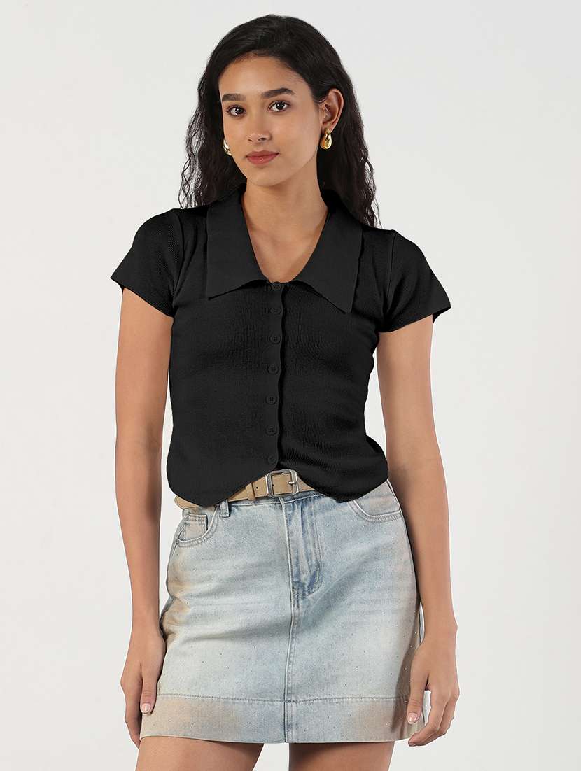 women black solid collared crop top - 21941965 -  Standard Image - 1