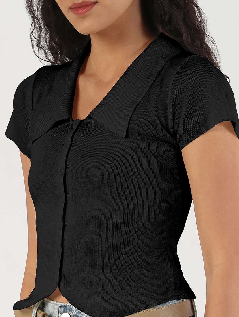 women black solid collared crop top - 21941965 -  Standard Image - 4
