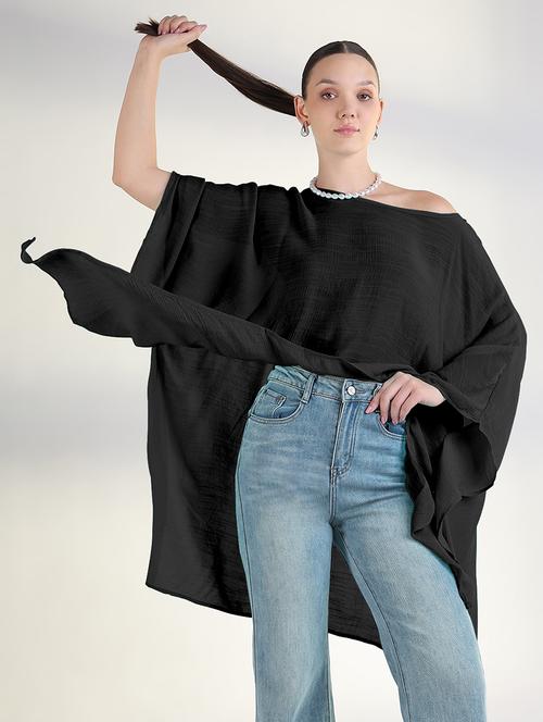women black solid long sleeve asymmetric top - 21941969 - Standard Image - 0