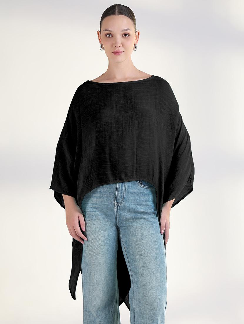 women black solid long sleeve asymmetric top - 21941969 - Standard Image - 1