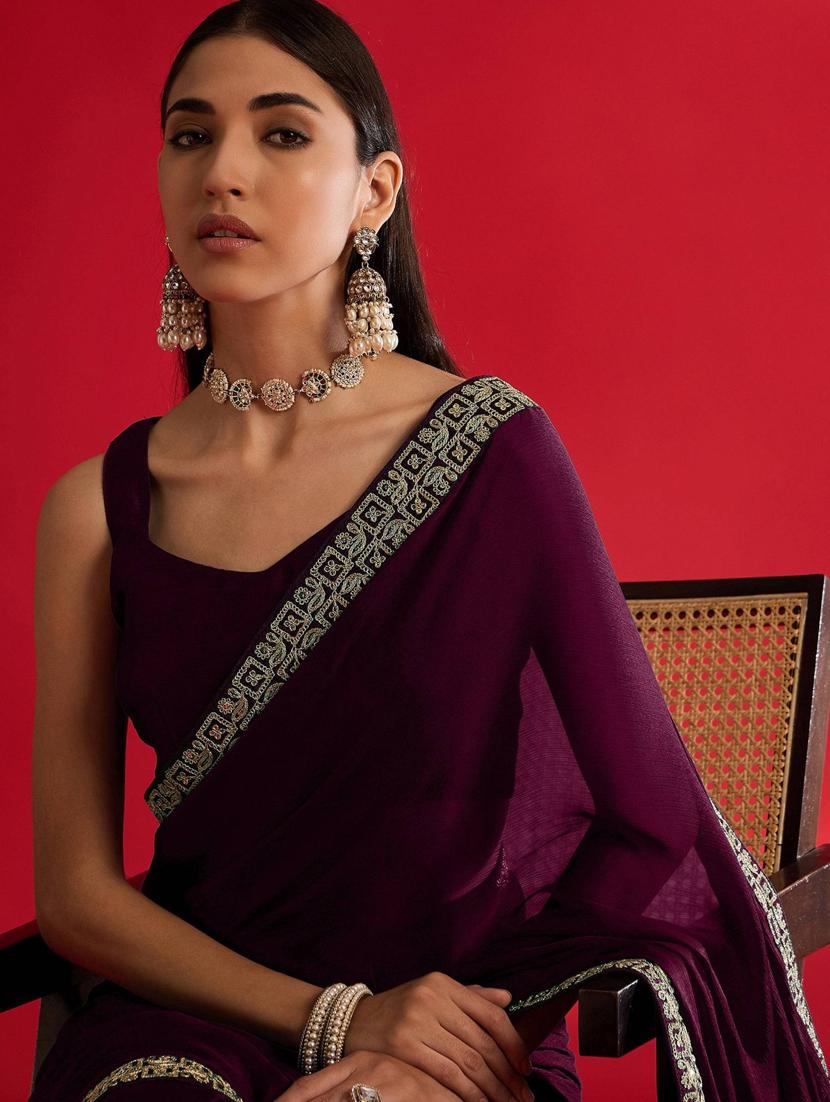 women solid with bordered saree with blouse - 21941986 - Standard Image - 4