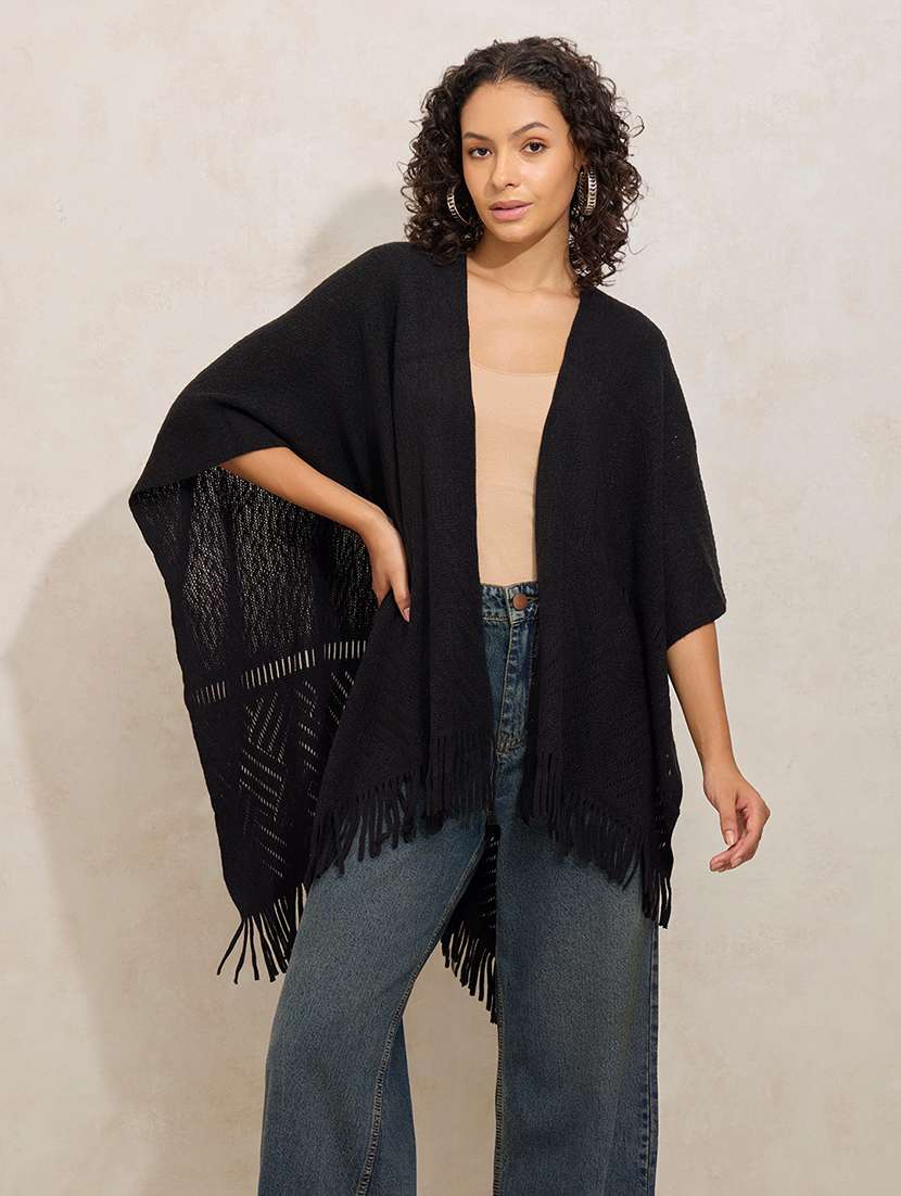 women balck solid open front shrug - 21941989 -  Standard Image - 1