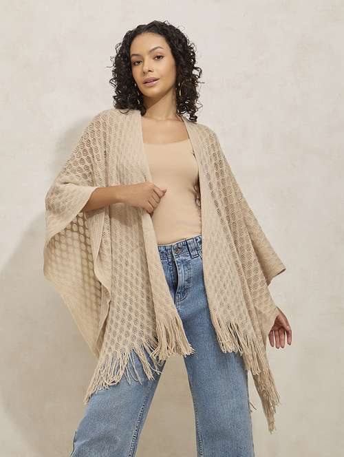 women beige solid open front shrug