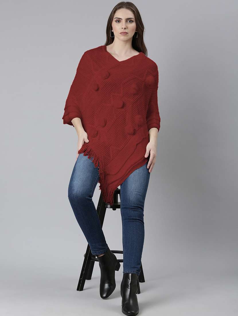 womne maroon self designed poncho