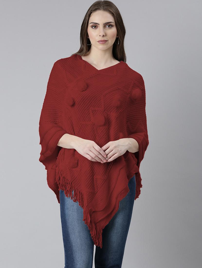 womne maroon self designed poncho - 21941992 - Standard Image - 1