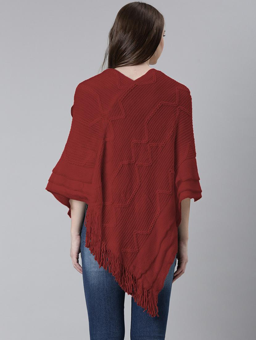 womne maroon self designed poncho - 21941992 - Standard Image - 4