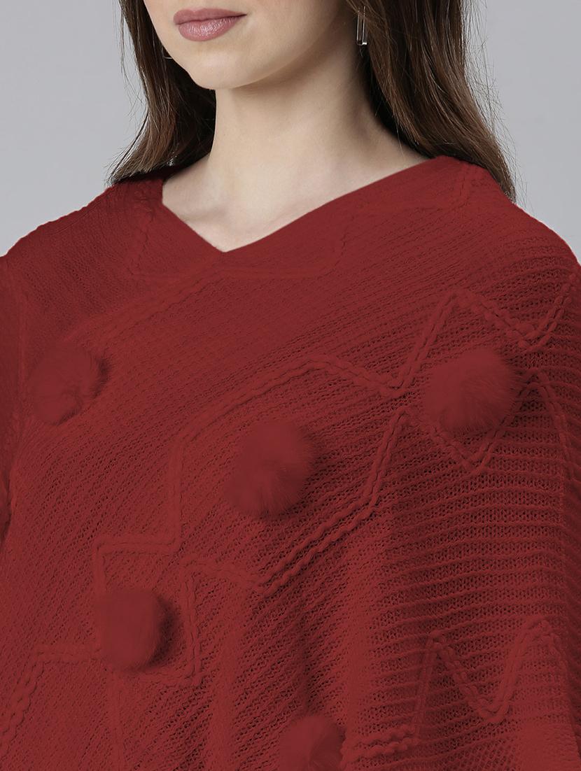 womne maroon self designed poncho - 21941992 - Standard Image - 6