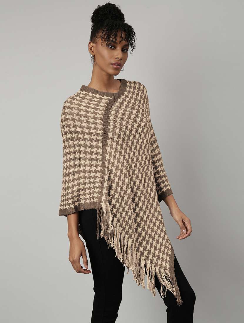 women beige self designed fringed hem poncho - 21941993 -  Standard Image - 1