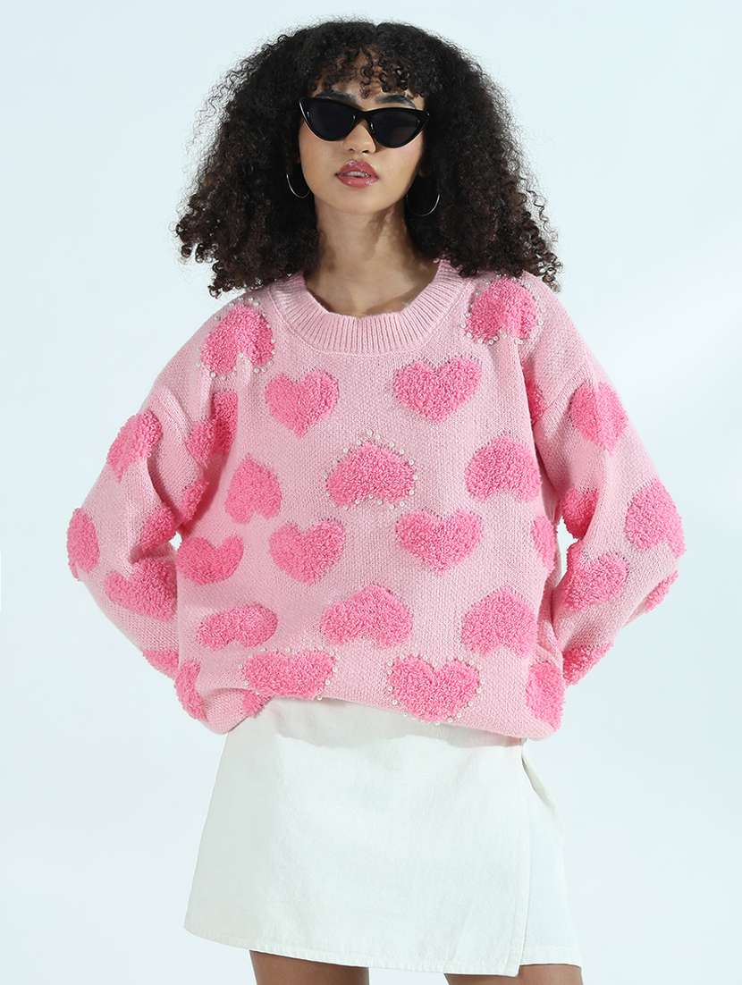 women pink self design long sleeve pullover - 21941997 -  Standard Image - 1