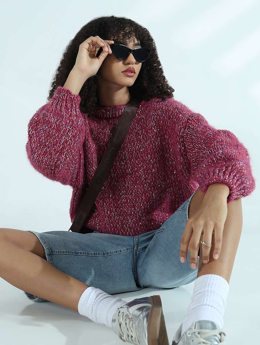 women magenta self design long sleeve pullover