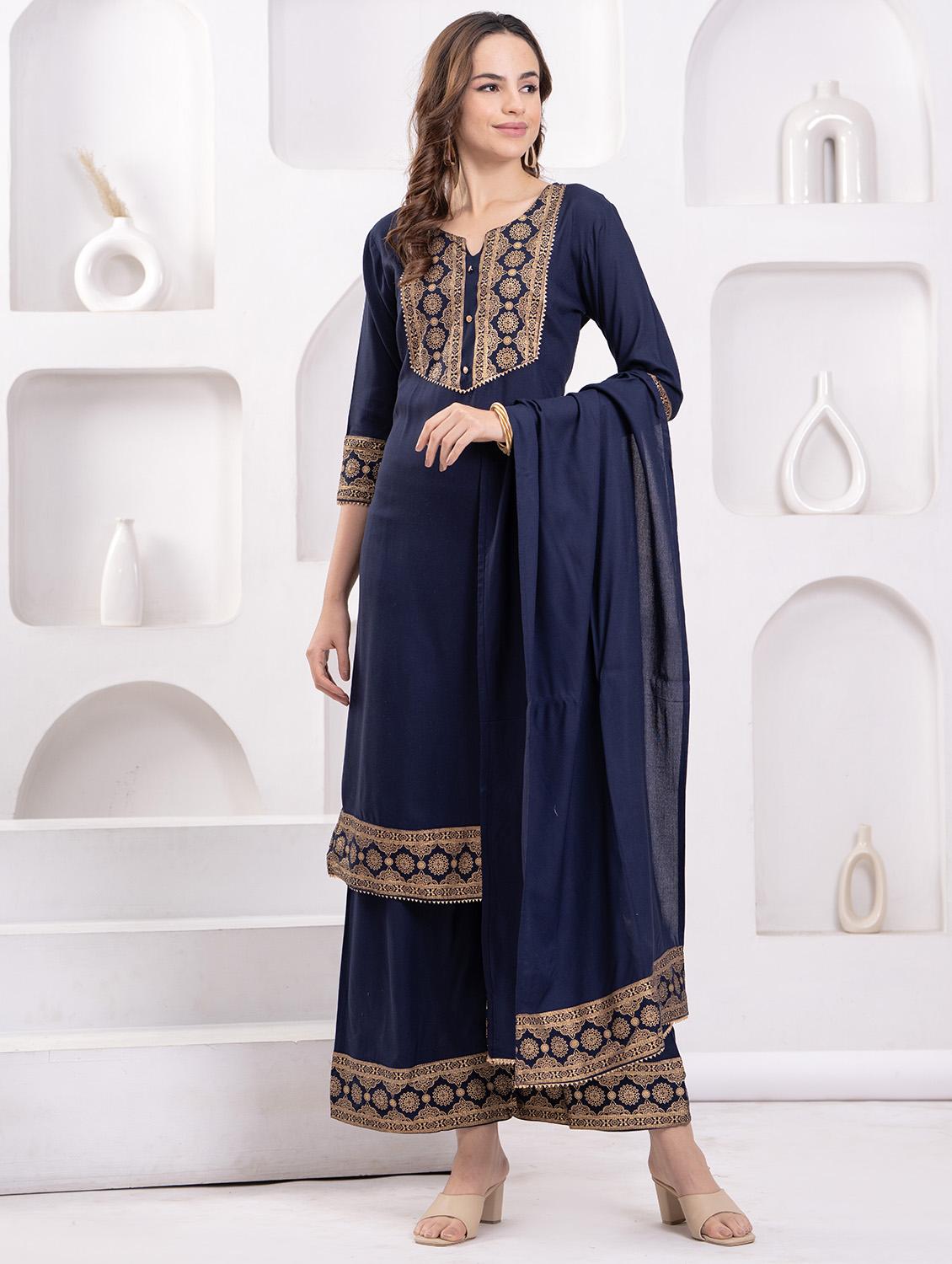 women three quarter sleeve kurta palazzo with dupatta set - 21942002 - Standard Image - 1