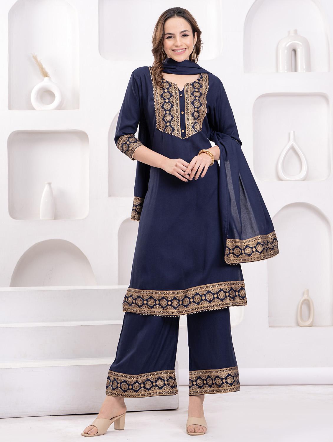 women three quarter sleeve kurta palazzo with dupatta set - 21942002 - Standard Image - 4