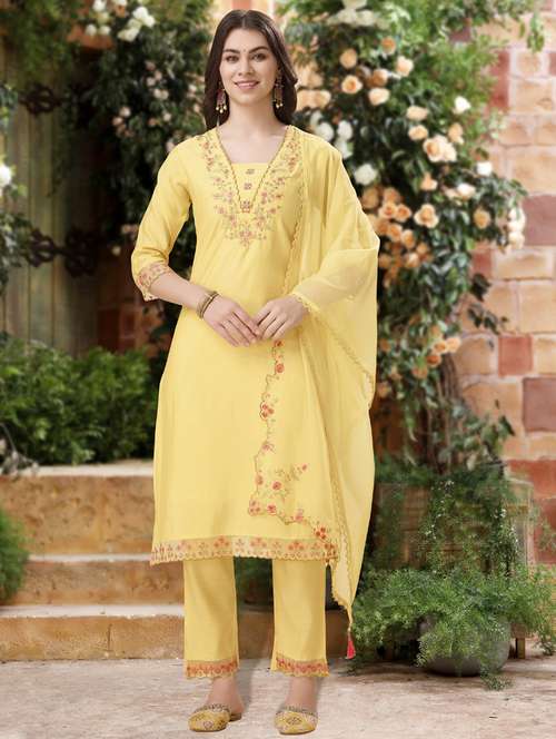 women three quarter sleeve kurta pant with dupatta set - 21942016 - Standard Image - 0