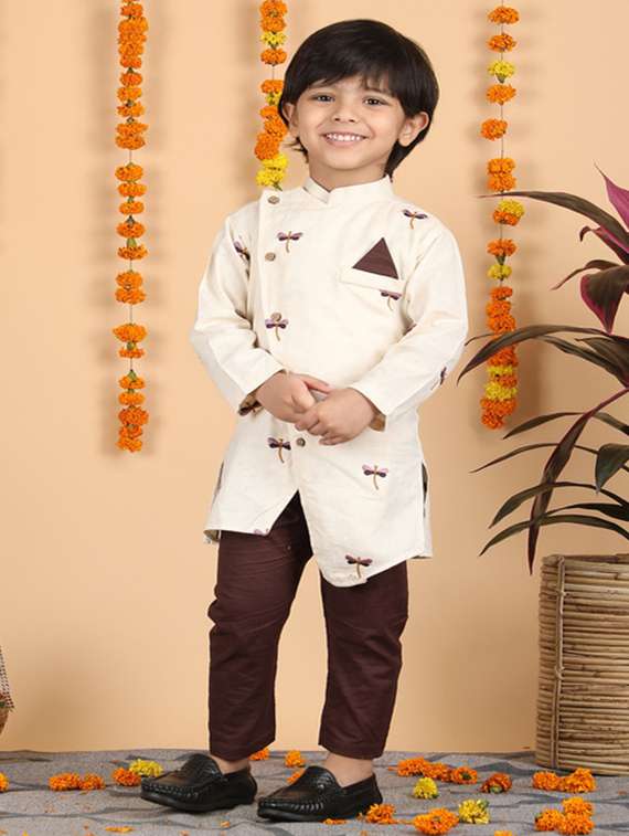 boys embroidered long sleeve kurta & pyjama set - 21942046 -  Standard Image - 1