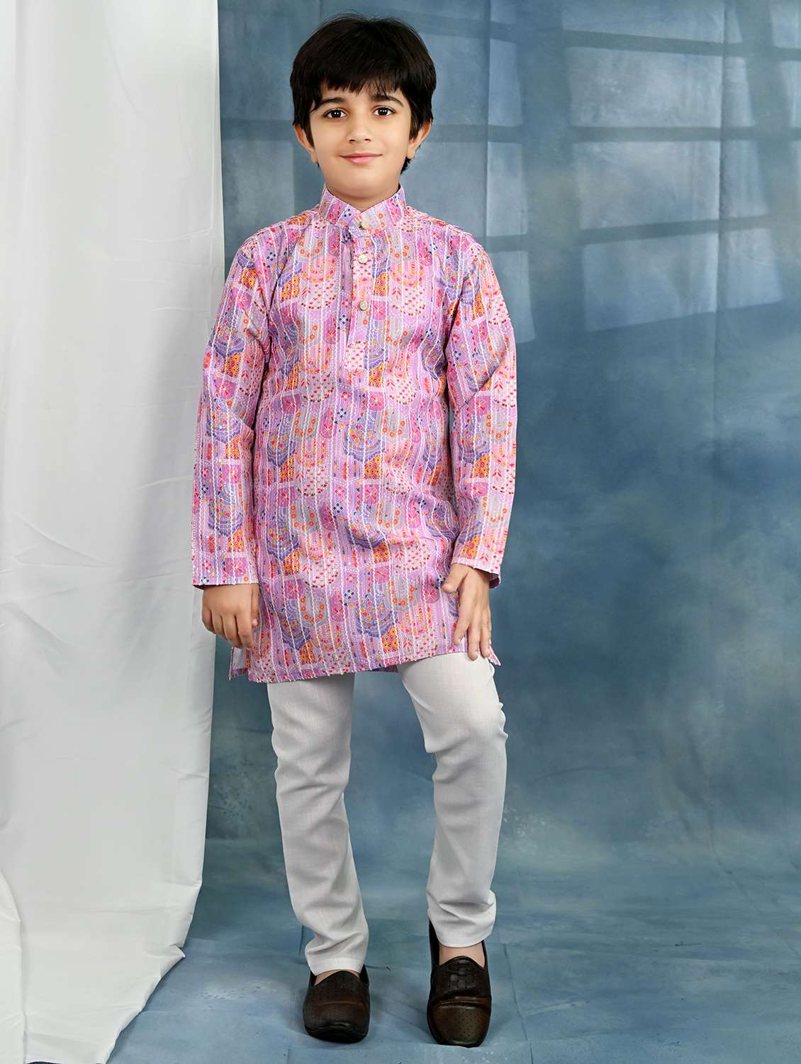 boys printed long sleeve kurta & pyjama set